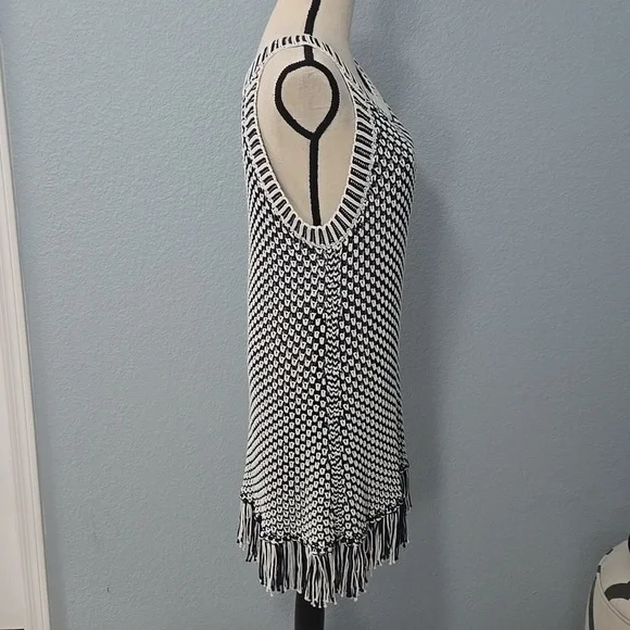 SOFT SURROUNDINGS Bambado Fringe Halter Tank Top Navy White Knit LARGE MiniDress - Picture 7 of 13